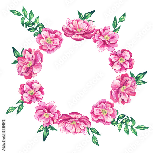 Round floral frame with pink beautiful flowers. Watercolor hand drawn illustration. Isolated on white background.
