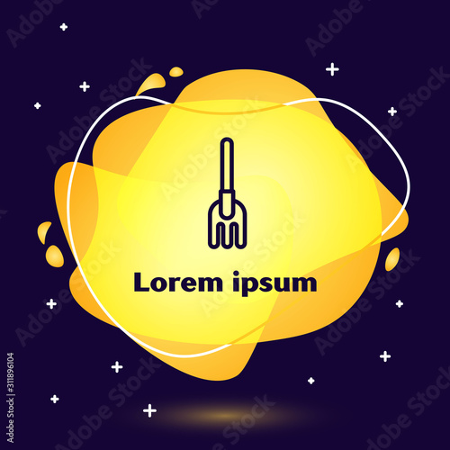 Black line Garden rake icon isolated on blue background. Tool for horticulture, agriculture, farming. Ground cultivator. Housekeeping equipment. Abstract banner with liquid shapes. Vector Illustration