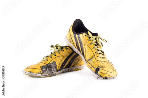  old heels shoelace futsal shoes on white background soccer sportware object isolated