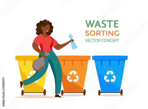 Young afro American woman throwing plastic garbage into containers vector illustration.