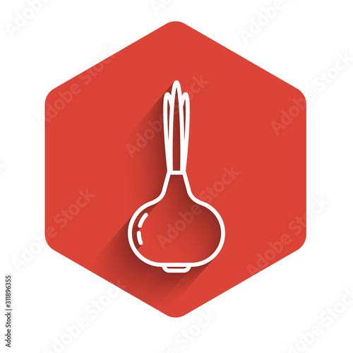 White line Onion icon isolated with long shadow. Red hexagon button. Vector Illustration