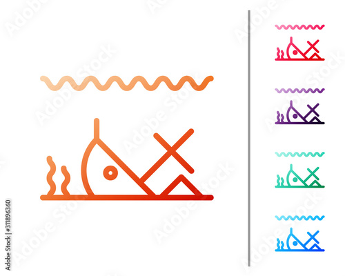 Red line Sunken ship at the bottom of the sea icon isolated on white background. Set color icons. Vector Illustration