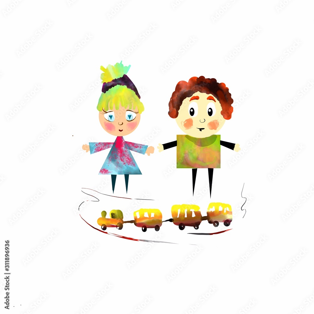 Children boy and girl with train  toy .