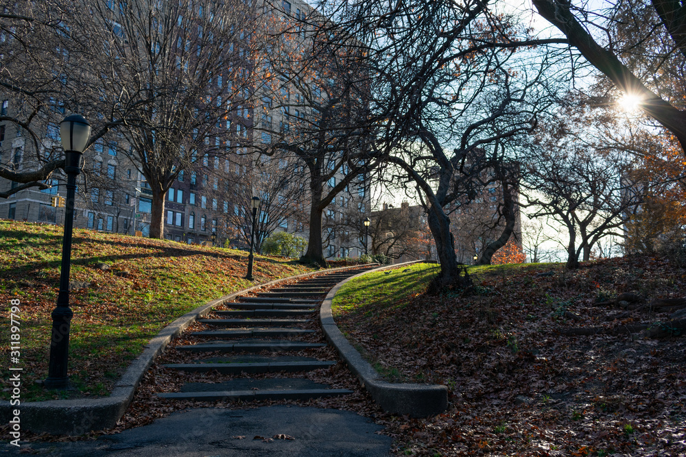 Riverside Park on the Upper West Side of New York City during Autumn with Curving Steps