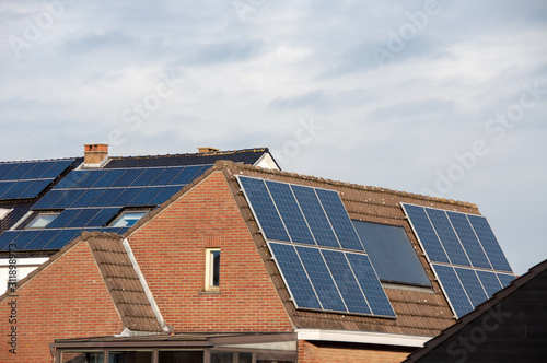 Solar panels on the roof of residential houses, Brussels, Belgium