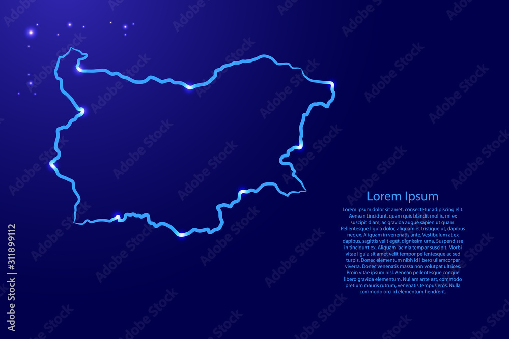 Fototapeta premium Bulgaria map from the contour classic blue color brush lines different thickness and glowing stars on dark background. Vector illustration.