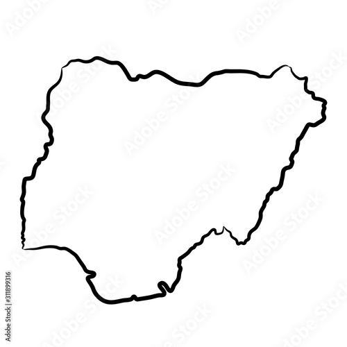 Nigeria map from the contour black brush lines different thickness on white background. Vector illustration.