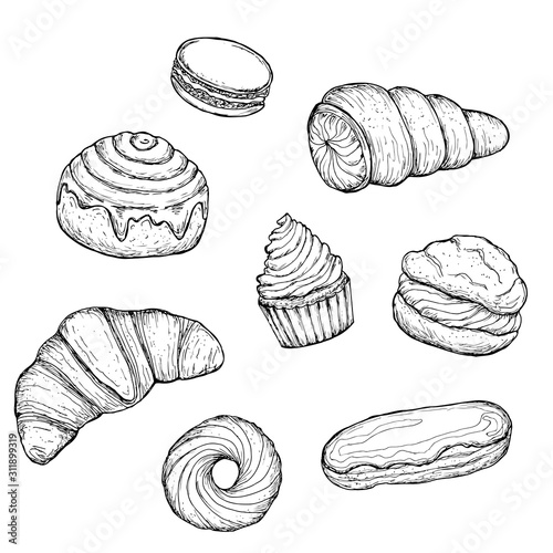Set of confectionery. Illustrations for coffee houses or cafes. Hand drawn vector illustration. Monochrome black and white ink sketch. Isolated on white background. Coloring page.