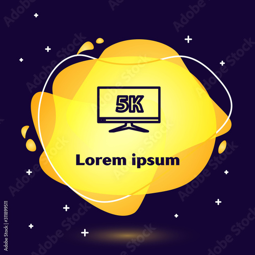 Black line Computer PC monitor display with 5k video technology icon isolated on blue background. Abstract banner with liquid shapes. Vector Illustration