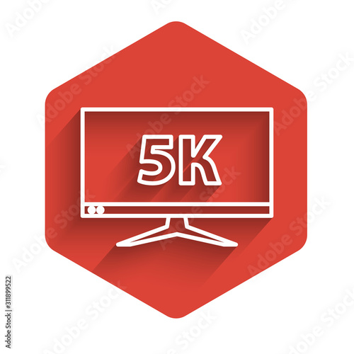 White line Computer PC monitor display with 5k video technology icon isolated with long shadow. Red hexagon button. Vector Illustration
