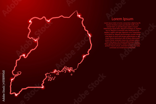 Uganda map from the contour red brush lines different thickness and glowing stars on dark background. Vector illustration.