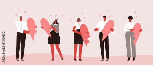 Love search concept. People are looking for a soul mate with hearts of different shapes