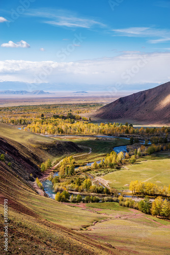 Autumn in the valley of the Kyzylshin River, top view. Kosh-Agachsky District, Altai Republic, Russia