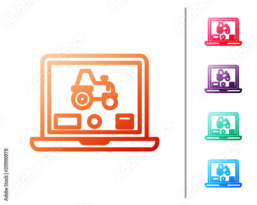 Red line Laptop application for control a autonomous tractor on a smart farm icon isolated on white background. Smart agriculture implement. Set color icons. Vector Illustration