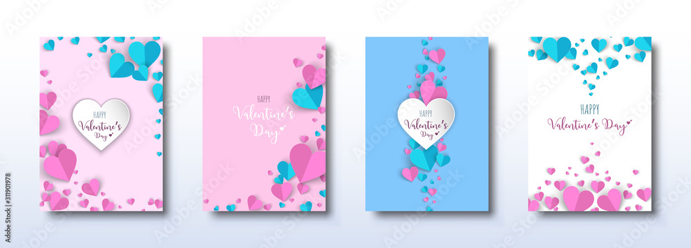 Valentines's Day cute design with heart paper cut style set