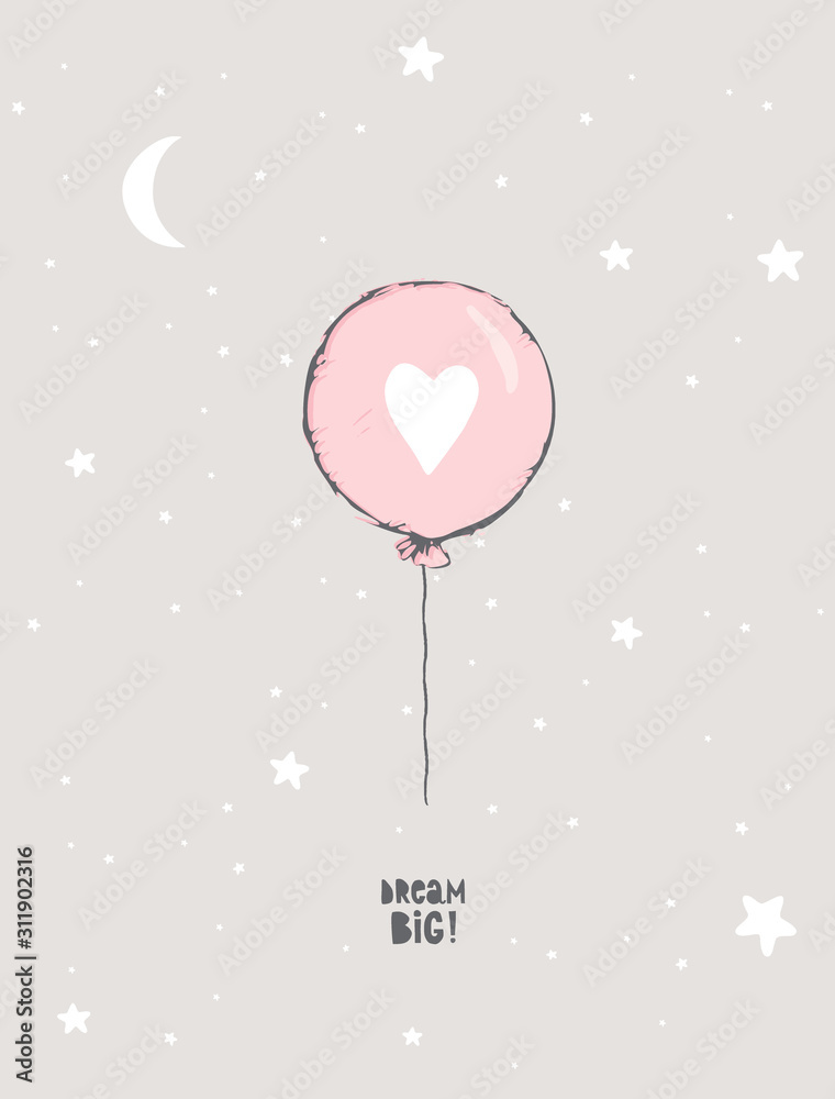 Cute Hand Drawn Pink Balloon Vector Illustration.Round Shape Blue Balloon with White Big Heart.Flying Air Balloon Isolated on a Light Gray Background. Lovely Nursery Art for Baby Girl Room Decoration.