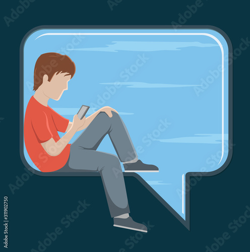 Man using phone in a message window vector illustration. Social media connection design concept