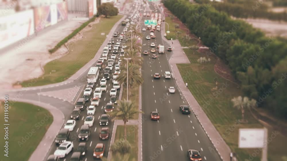 Aerial shot of heavy traffic jam in rush hour in Dubai, United Arab Emirates UAE Aerial shot of heavy traffic jam in rush hour in Dubai, United Arab Emirates UAE