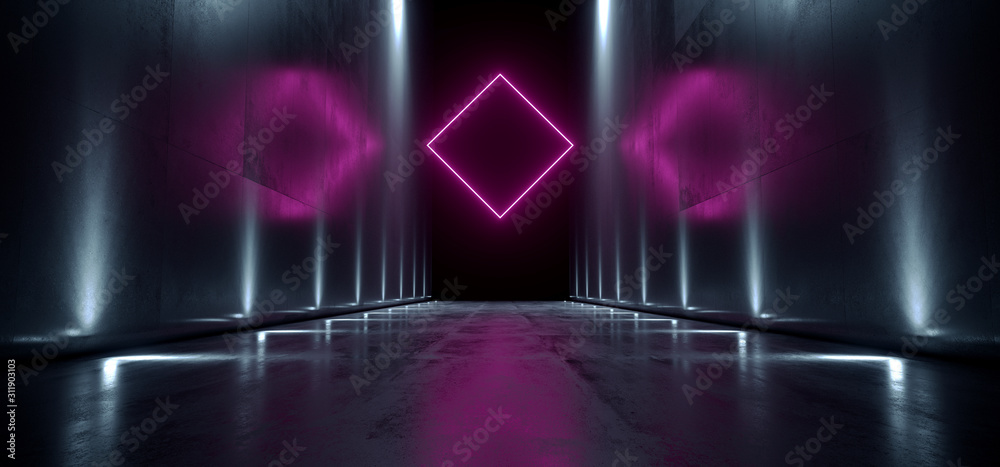 Sci Fi Futuristic Neon Glowing Purple Rectangle Dark Long Tall Hallway Concrete Grunge Path Blue White Lights Atmospheric Night Road Alien Spaceship Garage Underground 3D Rendering
