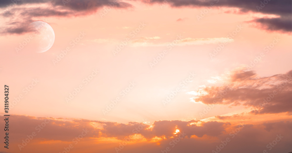 Beautiful sunset sky and full moon.. Nature sky backgrounds