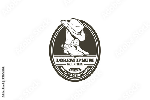 Blck and white cowboy boots with hat vector logo template