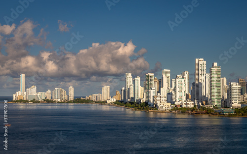 View from the seaside of the marina and tall apartment buildings in the modern section of Cartagena de Indias  Colombia.