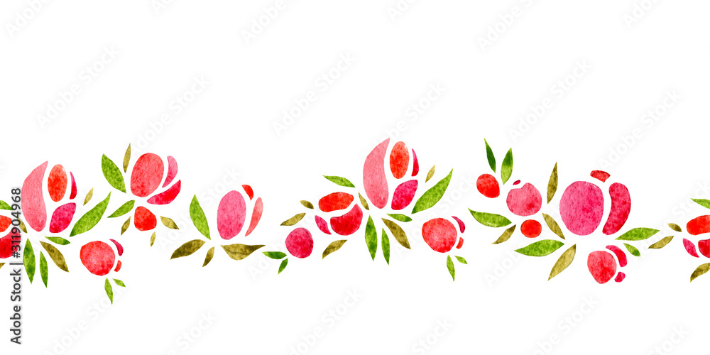 Wavy horizontal seamless pattern of simple roses. Watercolor illustration, handmade.