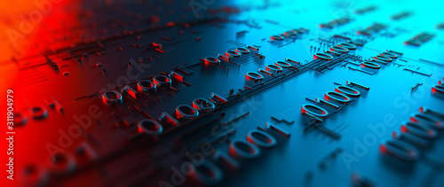 Abstraction illustration binary code strings are processed by the computer's motherboard. Background from lines of binary code. Background with depth of field and bokeh. 3d rendering photo