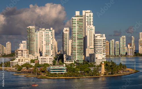 View from the seaside of the marina and tall apartment buildings in the modern section of Cartagena de Indias  Colombia.