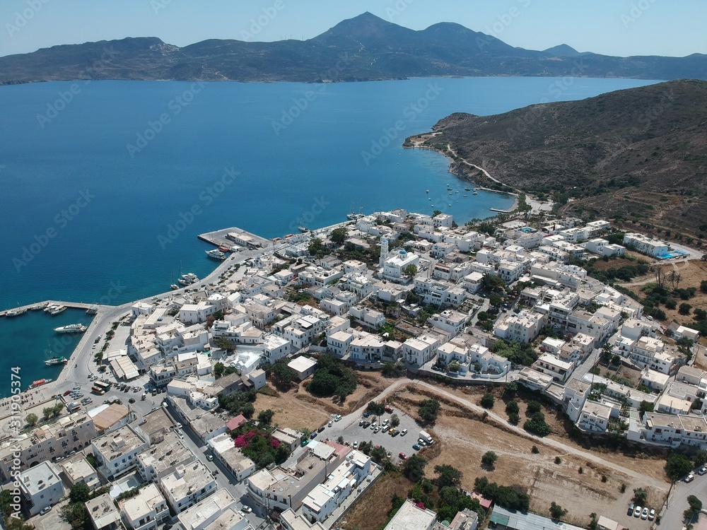 Milos, Greece Adamantas village view from the drone at sunny weather