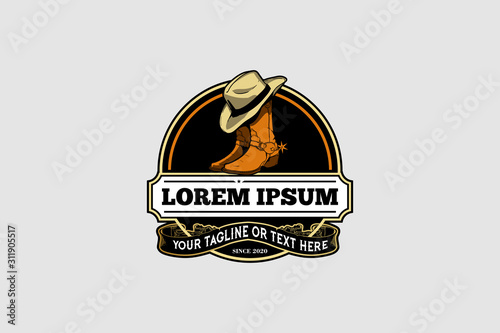Fényképezés western theme and decor cowboy boots with hat vector logo