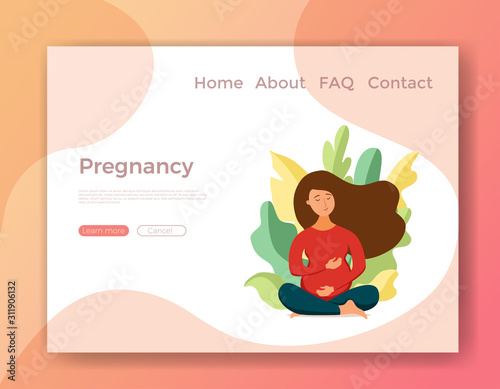 Young pregnant woman practicing yoga cartoon style vector illustration.