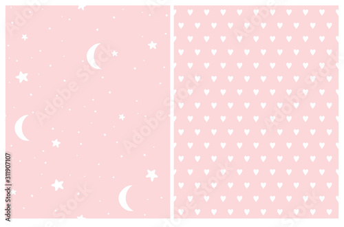 Pastel Pink Starry Sky Seamless Vector Pattern. Print with White Tiny Hearts Isolated on a Light Pink Bakground. Pink Night Sky with White Stars and Moon. Lovely Prints for Baby Girl Party Decoration.