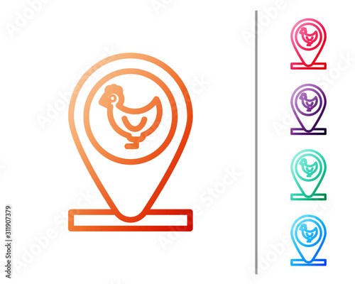 Red line Chicken farm and location icon isolated on white background. Set color icons. Vector Illustration