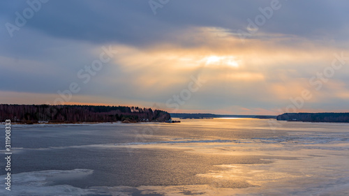 View of the frozen river Volga from the high Bank of the city of Myshkin  Russia