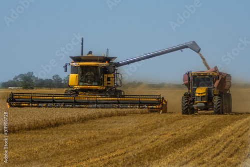combine harvester and tractor working on barley field
