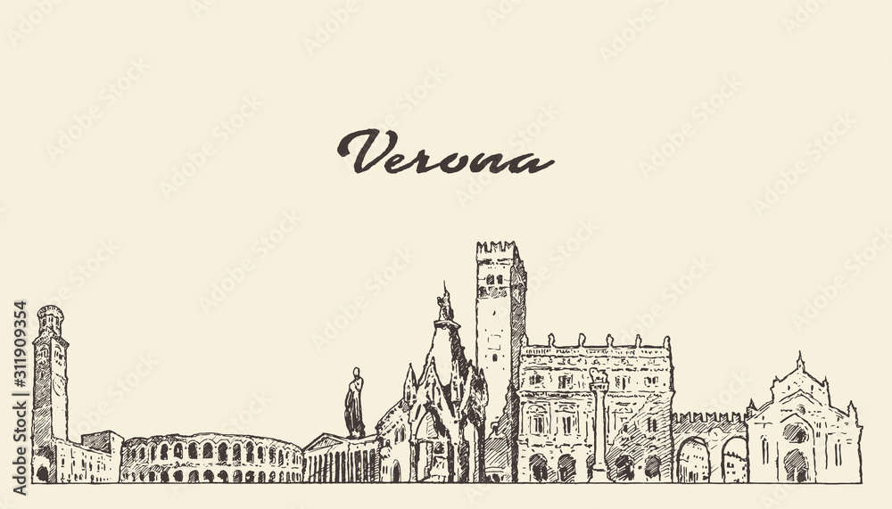 Verona skyline, Italy, hand drawn vector sketch Verona skyline, Italy, hand drawn vector sketch