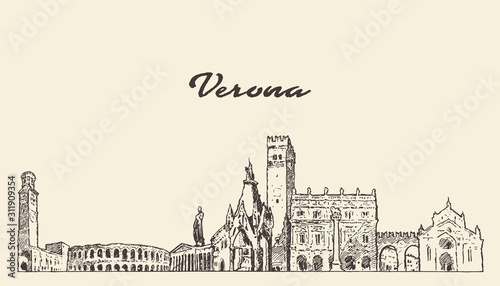 Verona skyline, Italy, hand drawn vector sketch