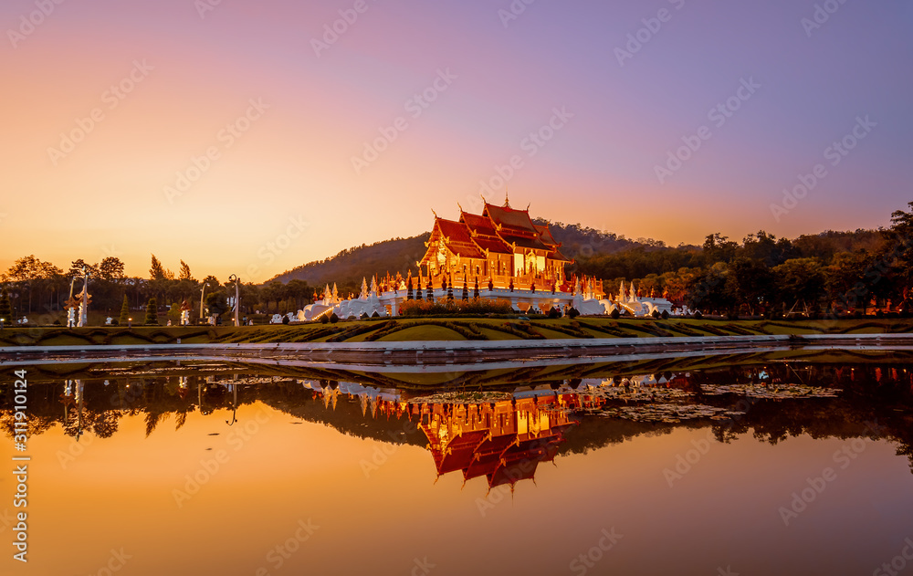 CHIANG MAI, THAILAND - DECEMBER 24, 2019 : The Royal Pavilion and reflection in pond in Chiang Mai. A large botanical garden and the most famous tourist attraction in Thailand.
