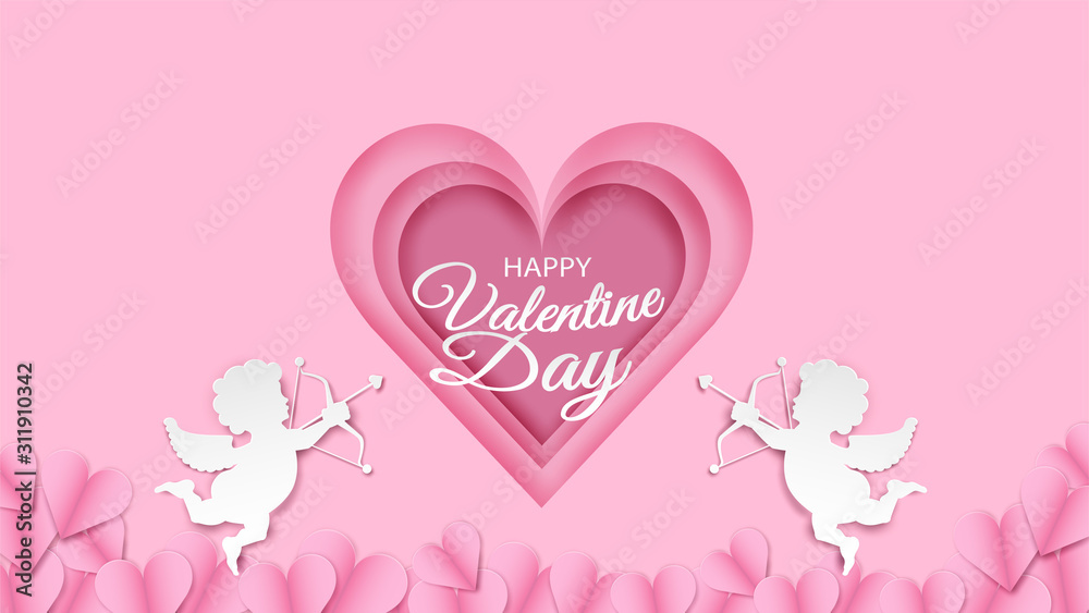 Happy Valentine day background .  Design with heart and Cupid on   pink background, paper art style . Vector.