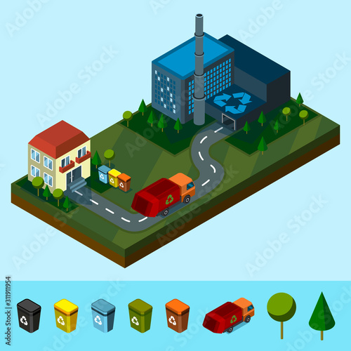 Isometric Recycling plant, house, and waste truck, caring waste. Can use for web banner, infographics, hero images. Vector illustration