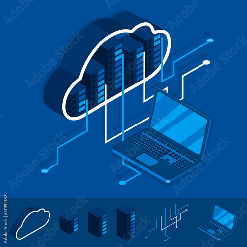 Isometric modern cloud technology and networking concept. Web cloud technology business. Internet data services. Vector illustration
