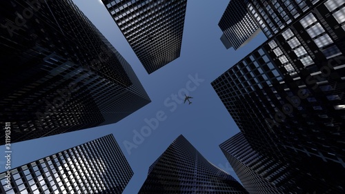 Perspective view to steel light blue of glass high rise building skyscraper city of future and airplane. Business and travel concept of industry tech architecture. 3d rendering. 3d illustration