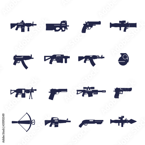 guns and weapons icons, rifles, pistols, submachine guns