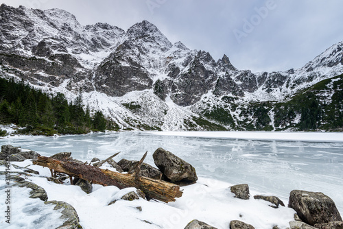 Morskie Oko Lake Covered in Ice at Winter in Tatra Mountains Poland