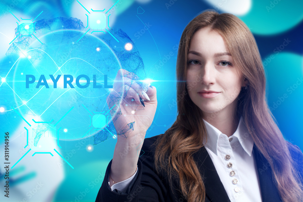 Business, Technology, Internet and network concept. Young businessman working on a virtual screen of the future and sees the inscription: Payroll Business, Technology, Internet and network concept. Young businessman working on a virtual screen of the future and sees the inscription: Payroll