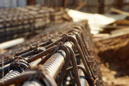 Deformed steel fastened with steel wire, Wire truss scheme for making beam structures. Construction rebar steel work reinforcement in concrete structur photo