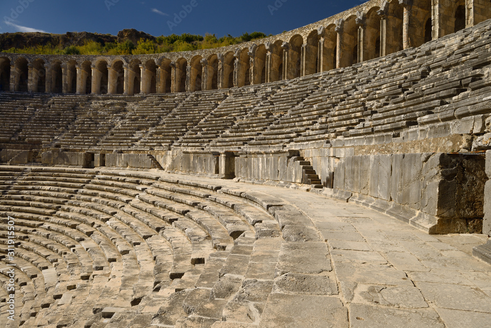Upper Gallery arches and curved seating at Aspendos Amphitheatre Turkey