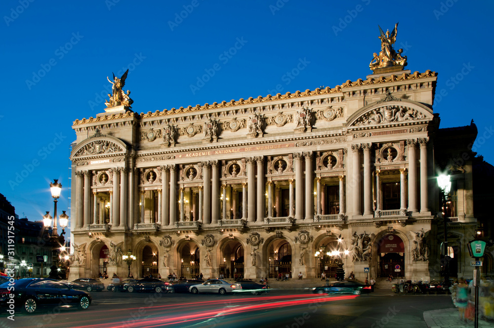 France, Paris, opera house at dusk