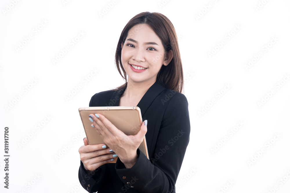 Asian business woman holding a tablet computer on a white background.